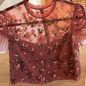 Needle and Thread sequin chiffon crop top. Blush rose color.